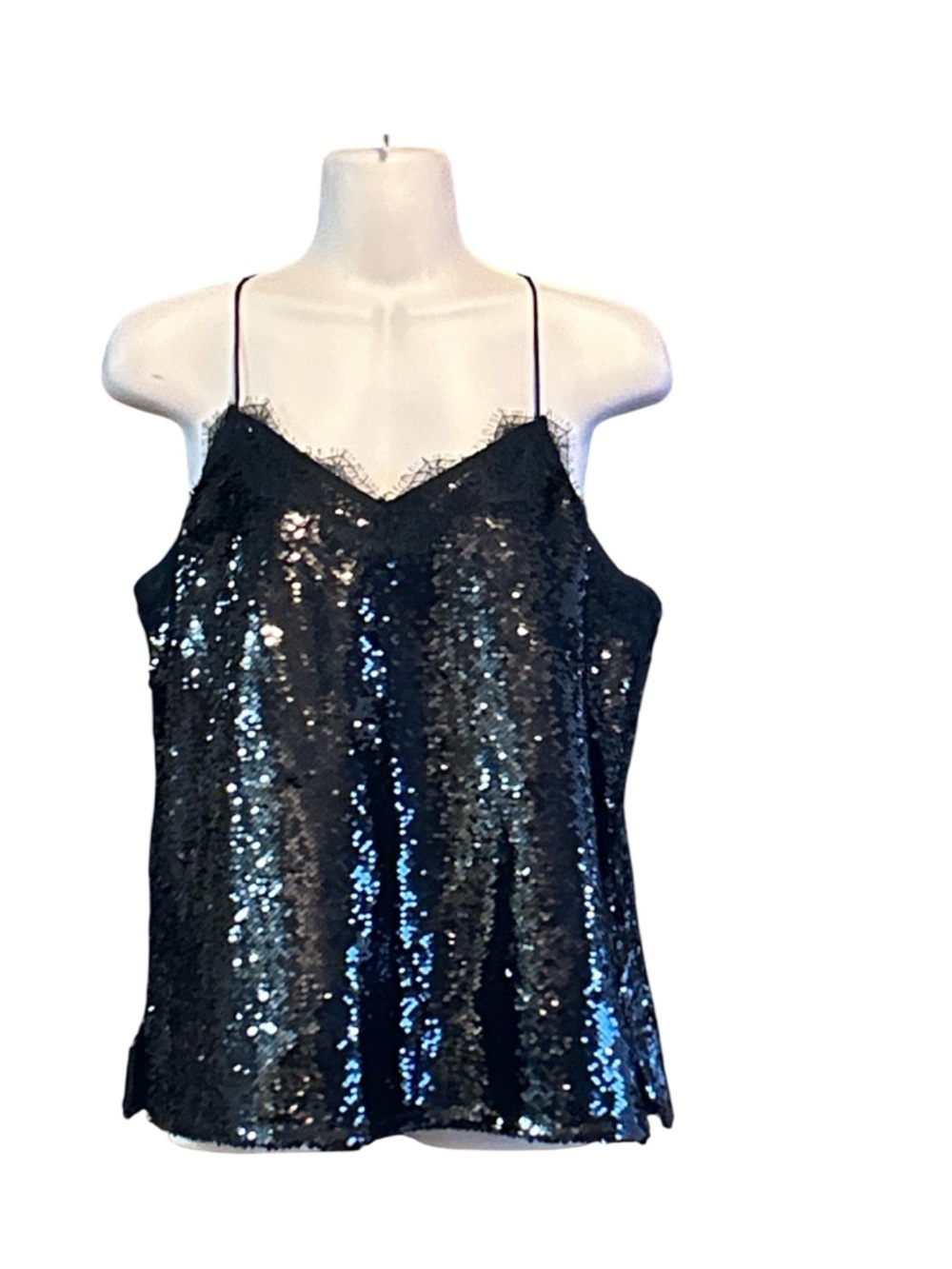 Nine West Black Sequin Lace-Trim Cami Top